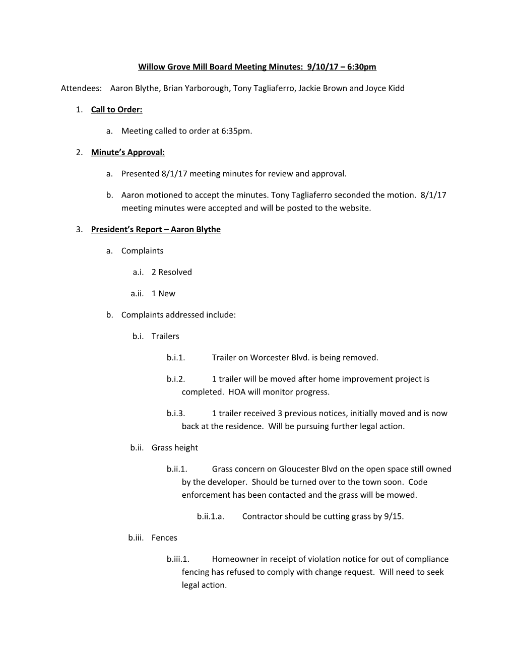 Willow Grove Millboard Meeting Minutes: 9/10/17 6:30Pm