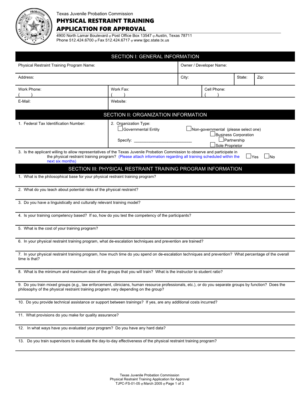TJPC-FS-01-05 Physical Restraint Technique (PRT) Application for Approval