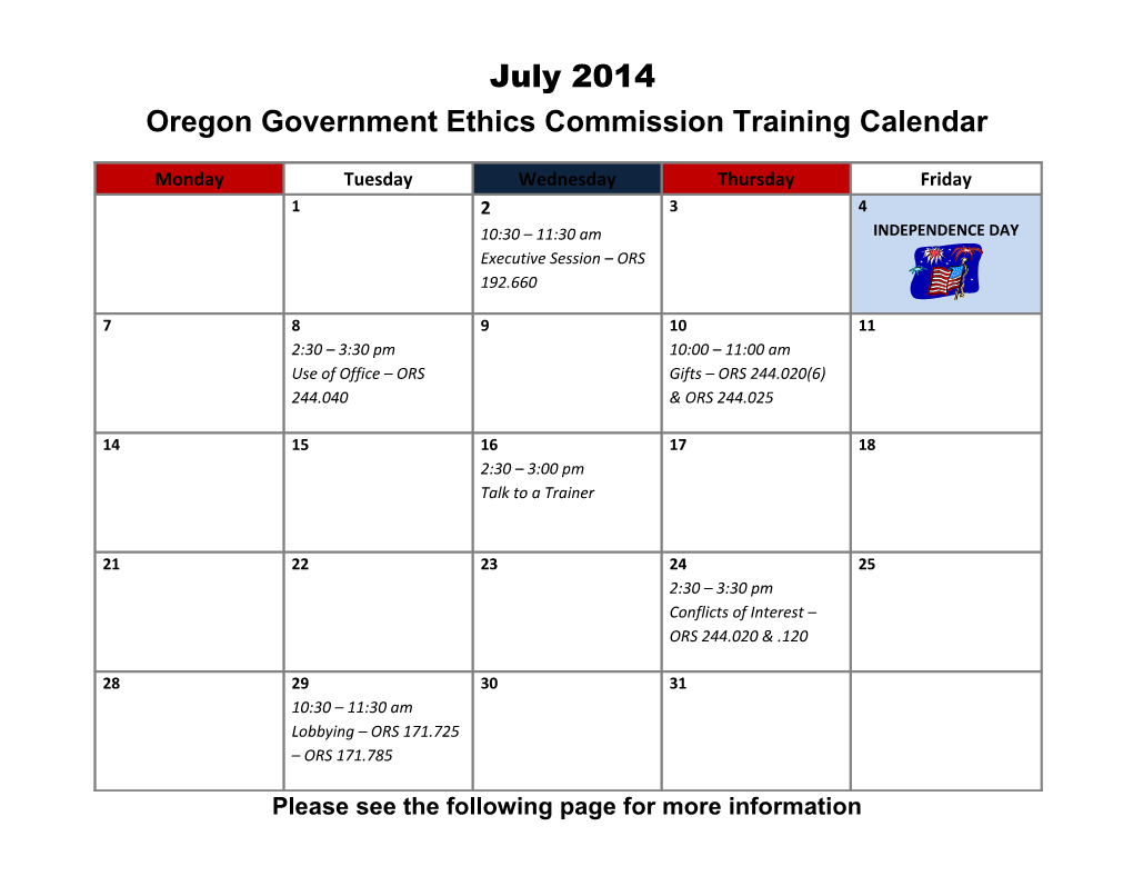 Oregon Government Ethics Commission Training Calendar