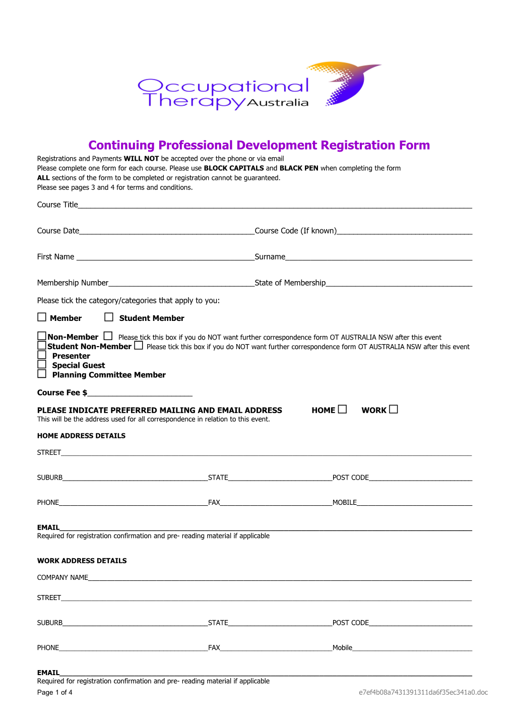 Continuing Professional Development Registration Form