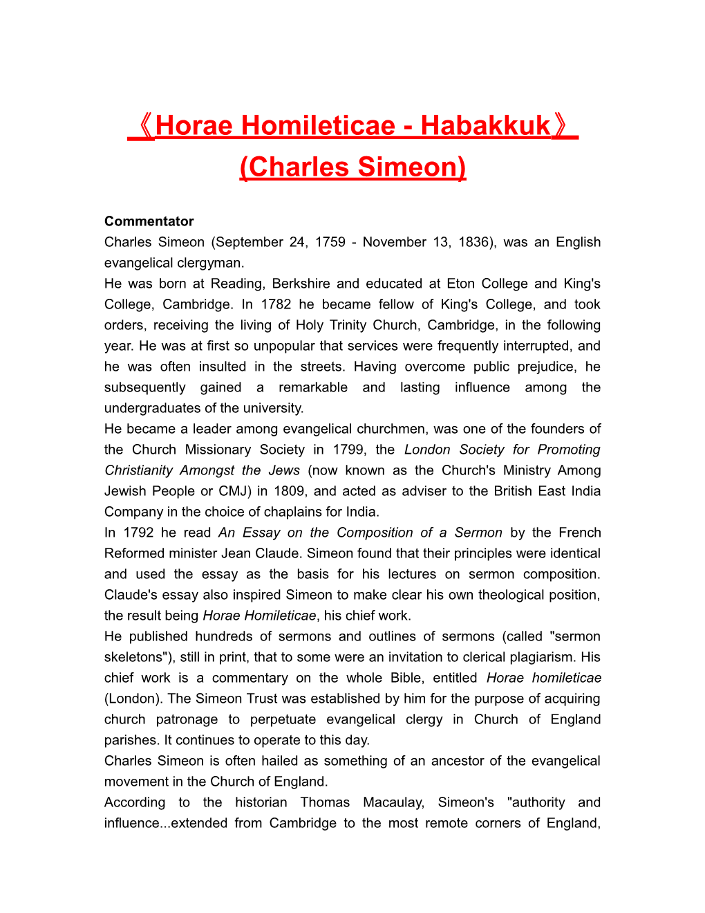 Horae Homileticae - Habakkuk (Charles Simeon)