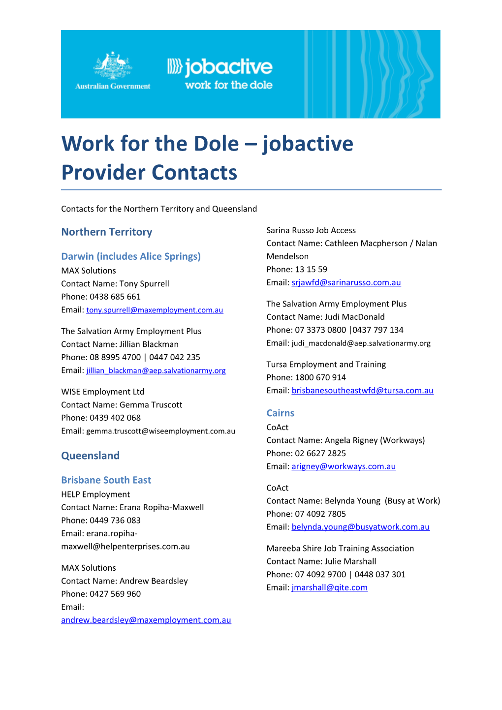 Work for the Dole Jobactive Provider Contacts
