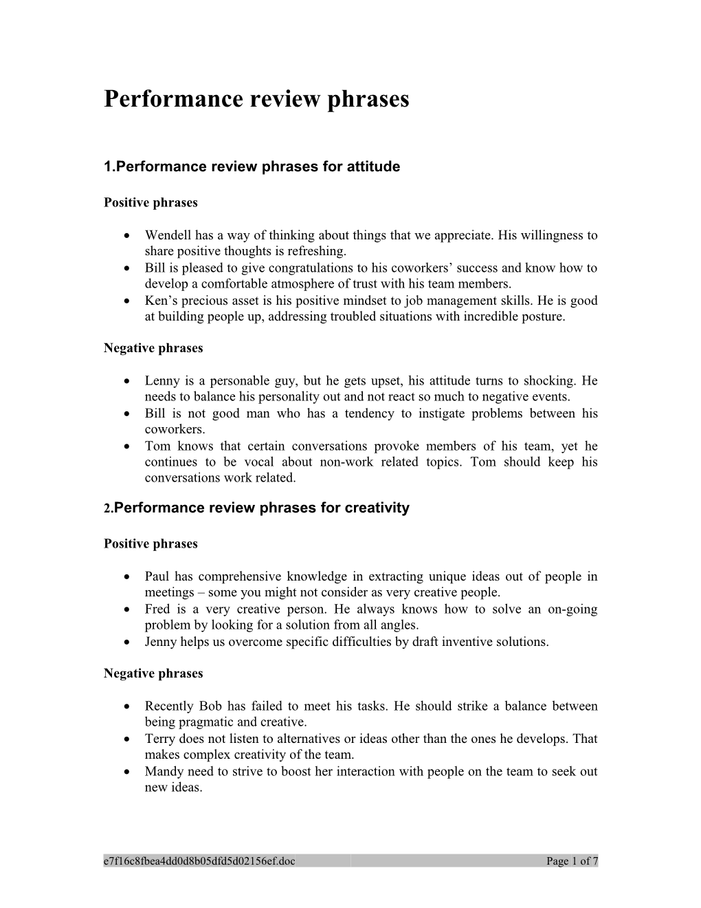 Performance Review Phrases