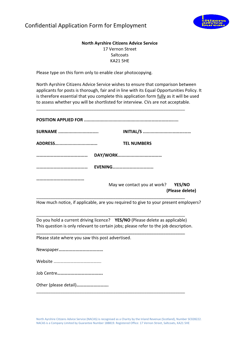 Confidential Application Form for Employment