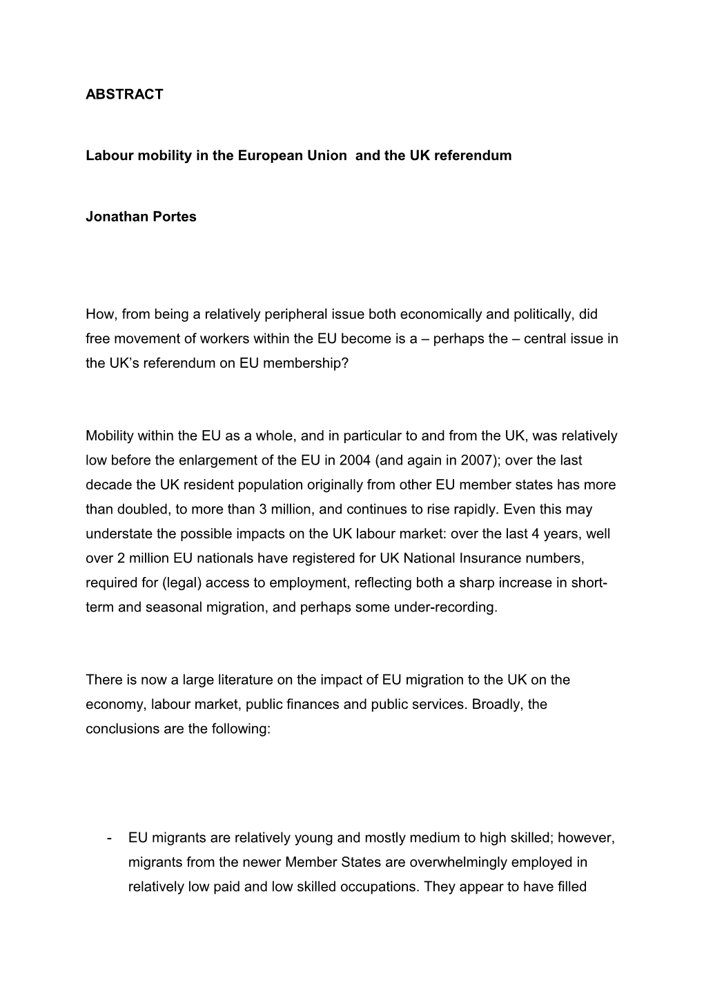 Labour Mobility in the European Union and the UK Referendum