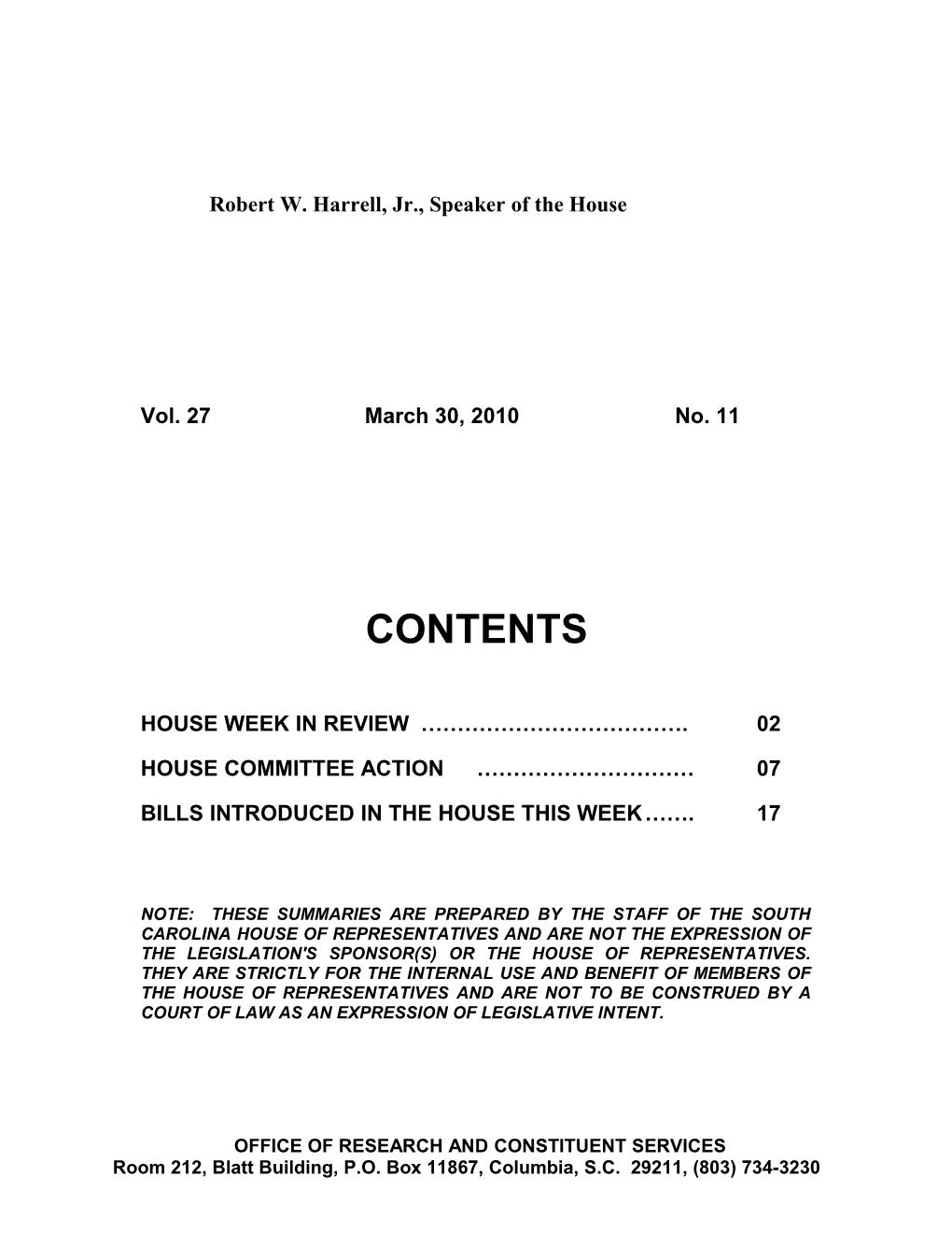 Legislative Update - Vol. 27 No. 11 March 30, 2010 - South Carolina Legislature Online