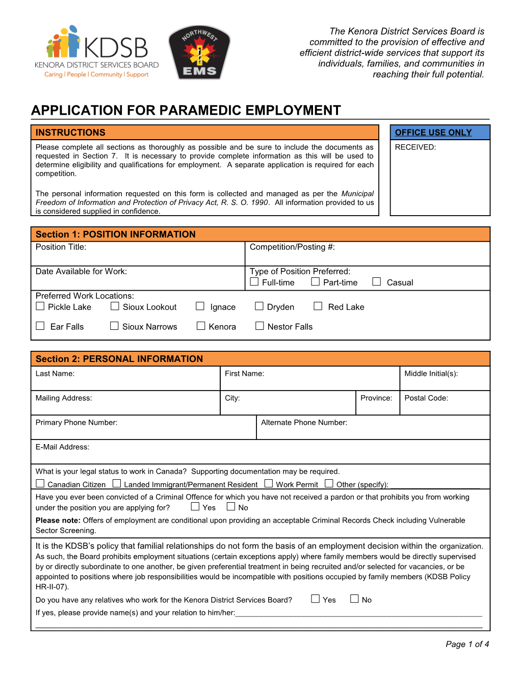 Application for Paramedic Employment
