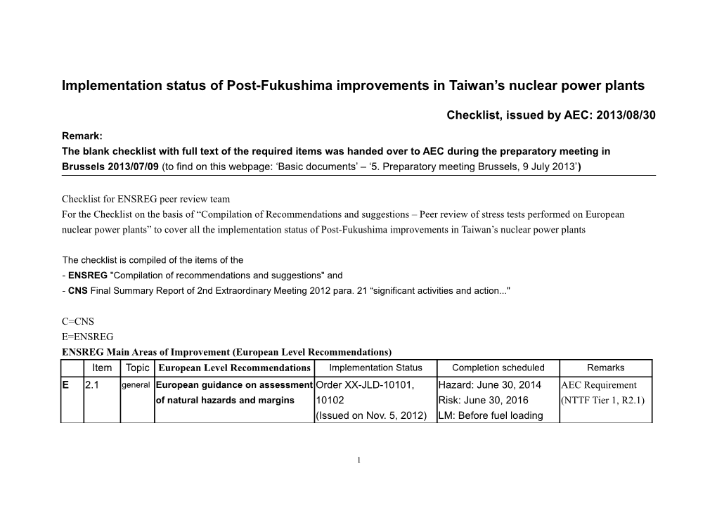 Implementation Status of Post-Fukushima Improvements in Taiwan S Nuclear Power Plants
