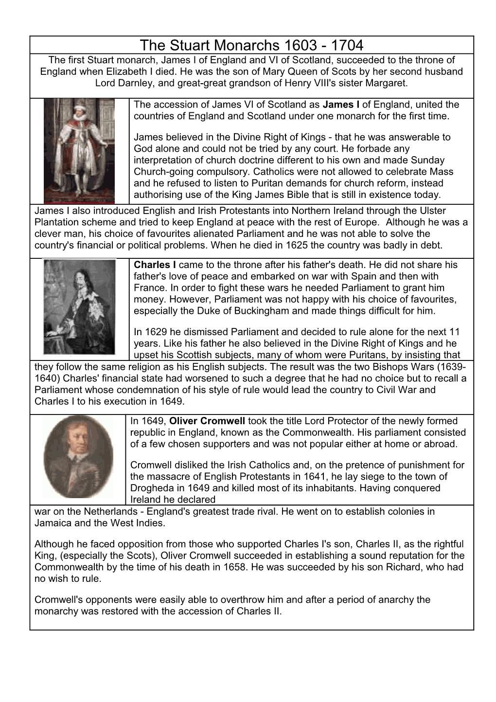 The Stuart Monarchs 1603 - 1704