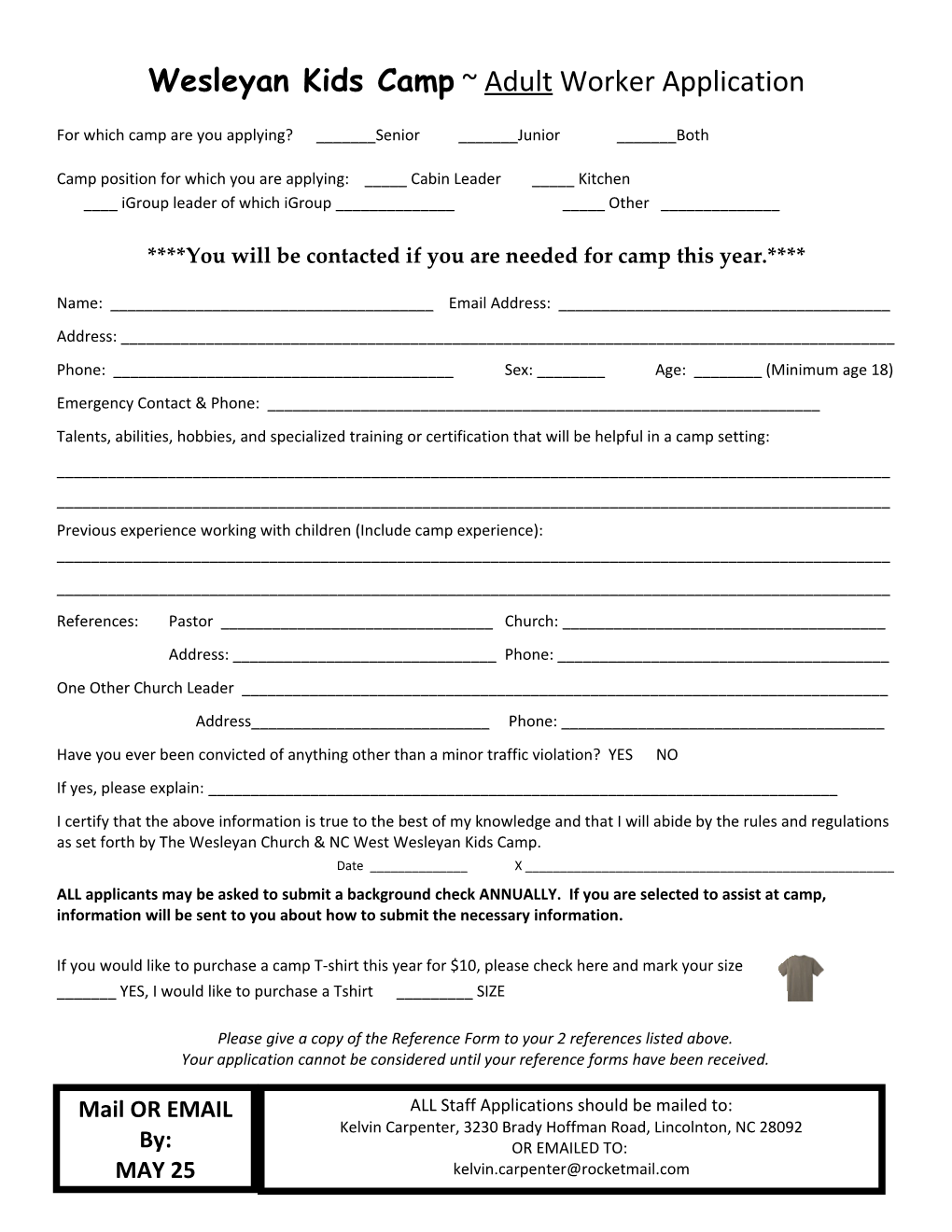 Wesleyan Kids Camp Adult Worker Application