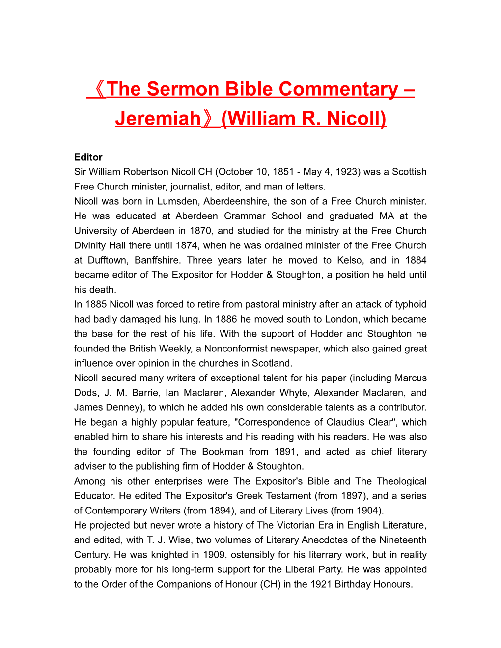 The Sermon Bible Commentary Jeremiah (William R. Nicoll)