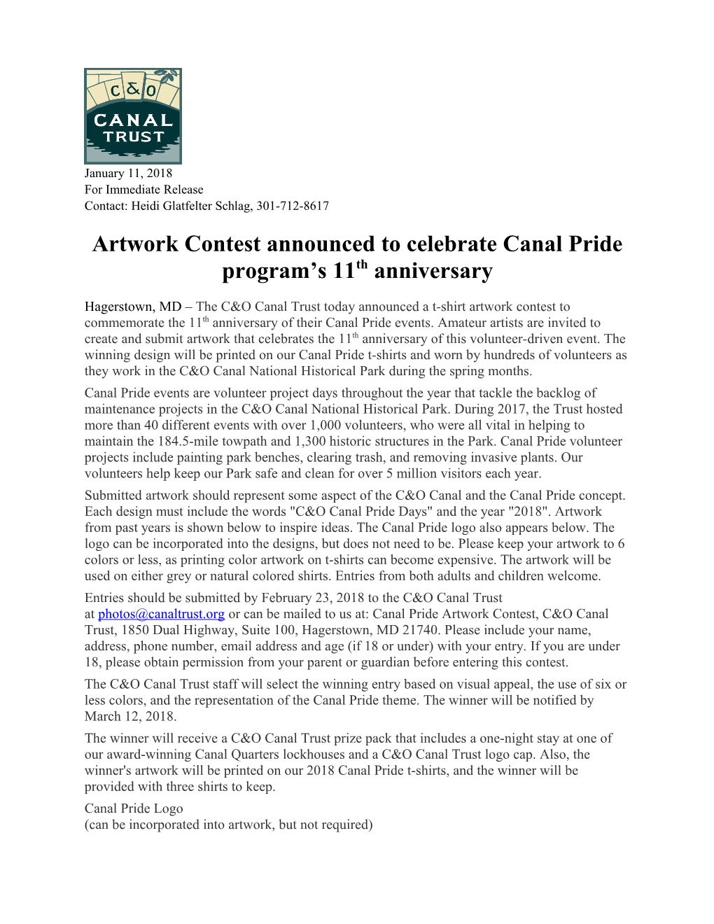 Artwork Contest Announced to Celebrate Canal Pride Program S 11Th Anniversary