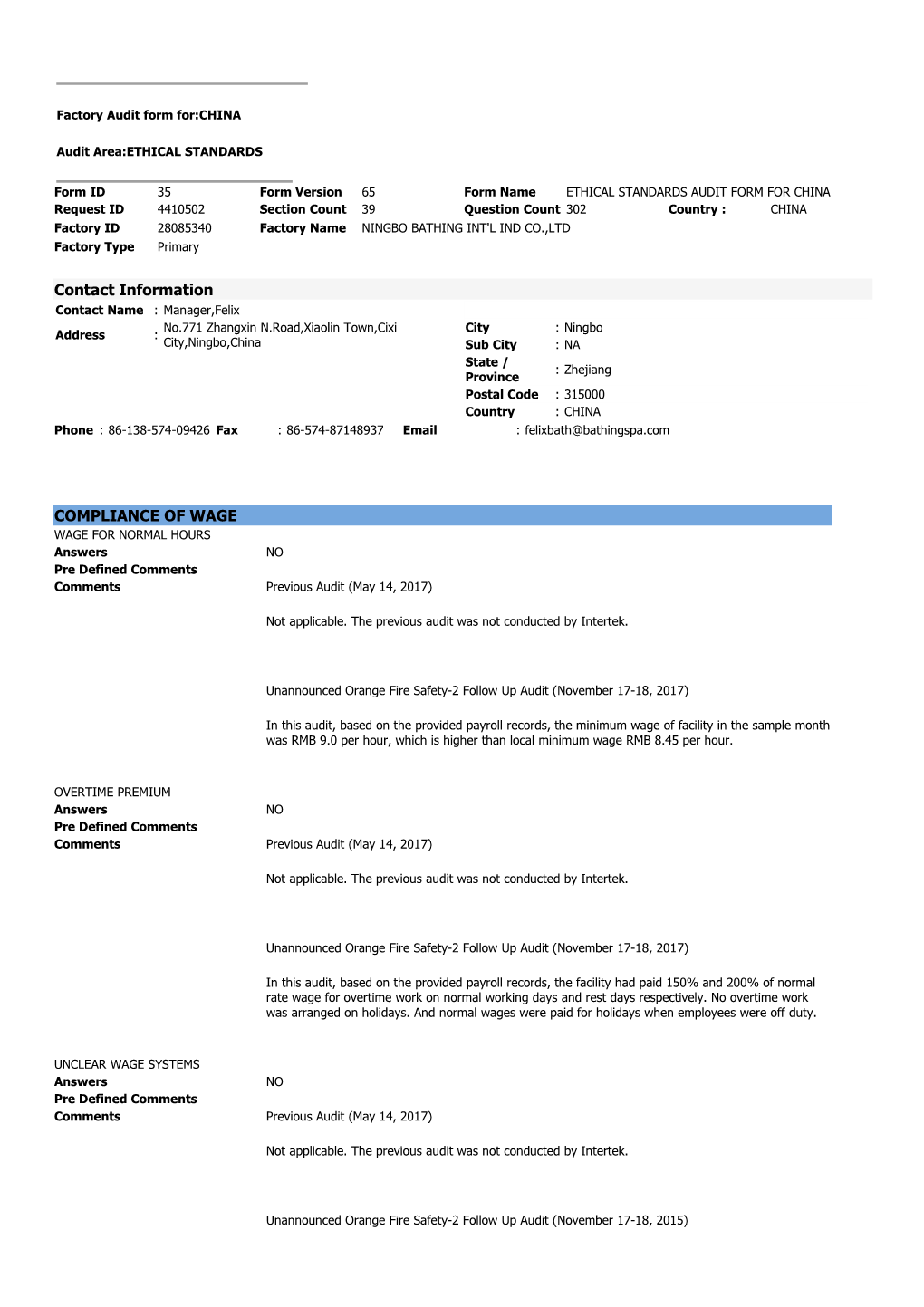 Factory Audit Form For:CHINA