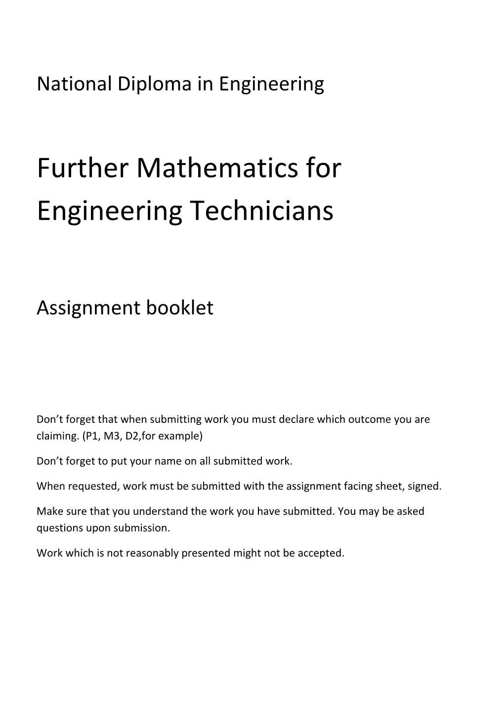 Further Mathematics for Engineering Technicians