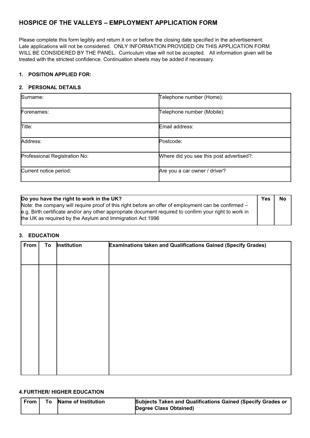 Hospice of the Valleys Employment Application Form