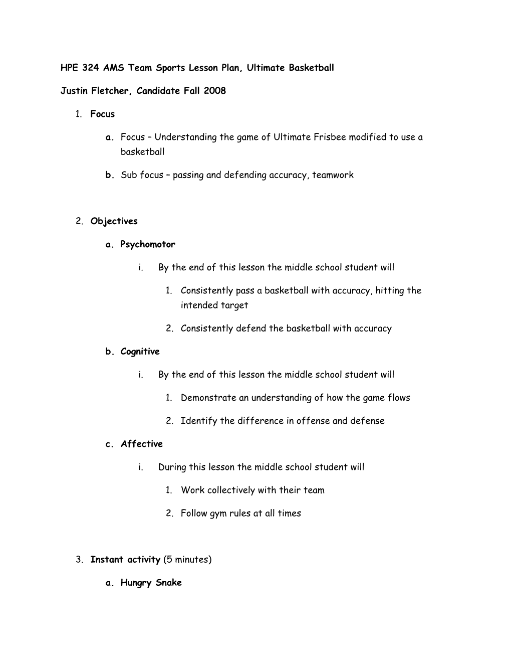 HPE 324 Team Sports Lesson Plan