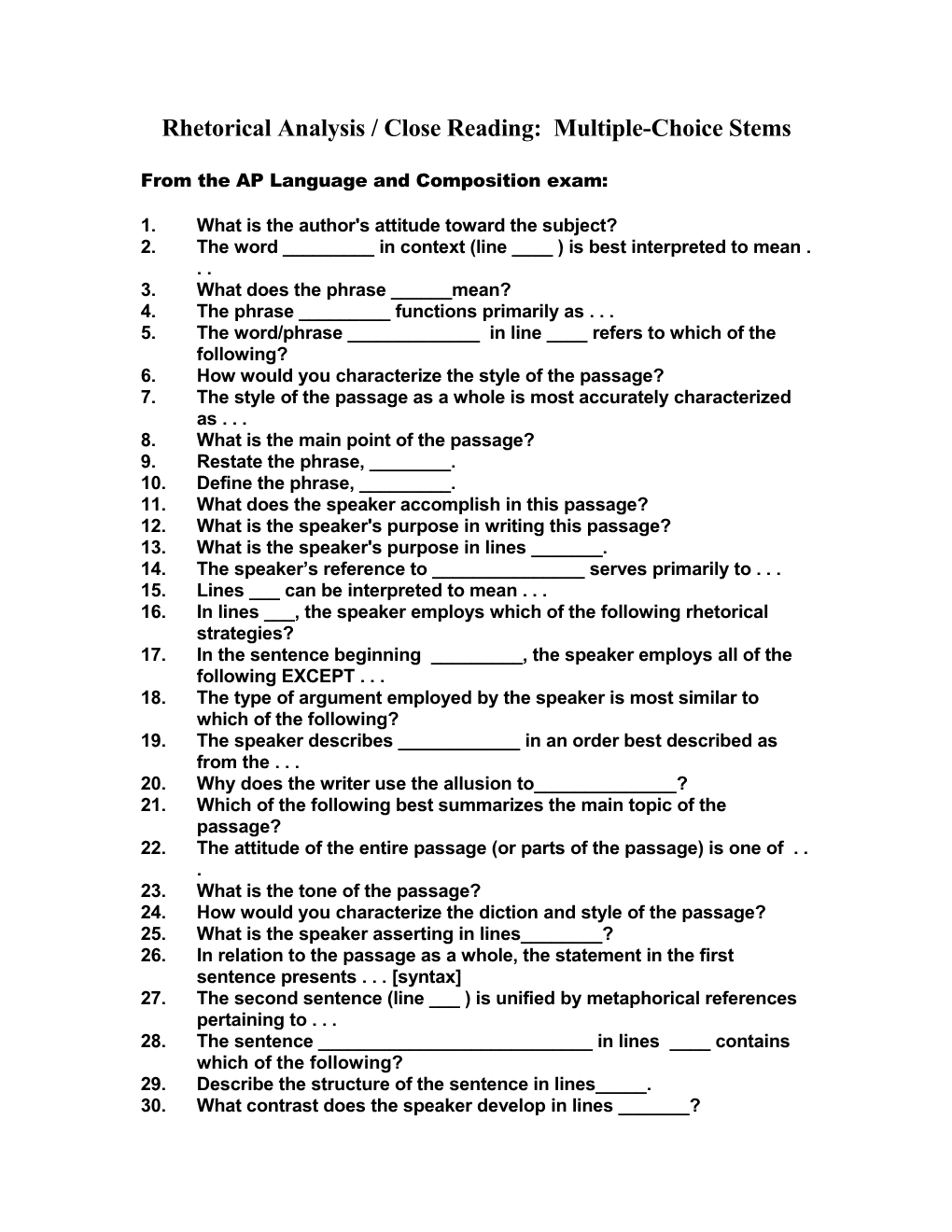 Rhetorical Analysis / Close Reading: Multiple-Choice Stems