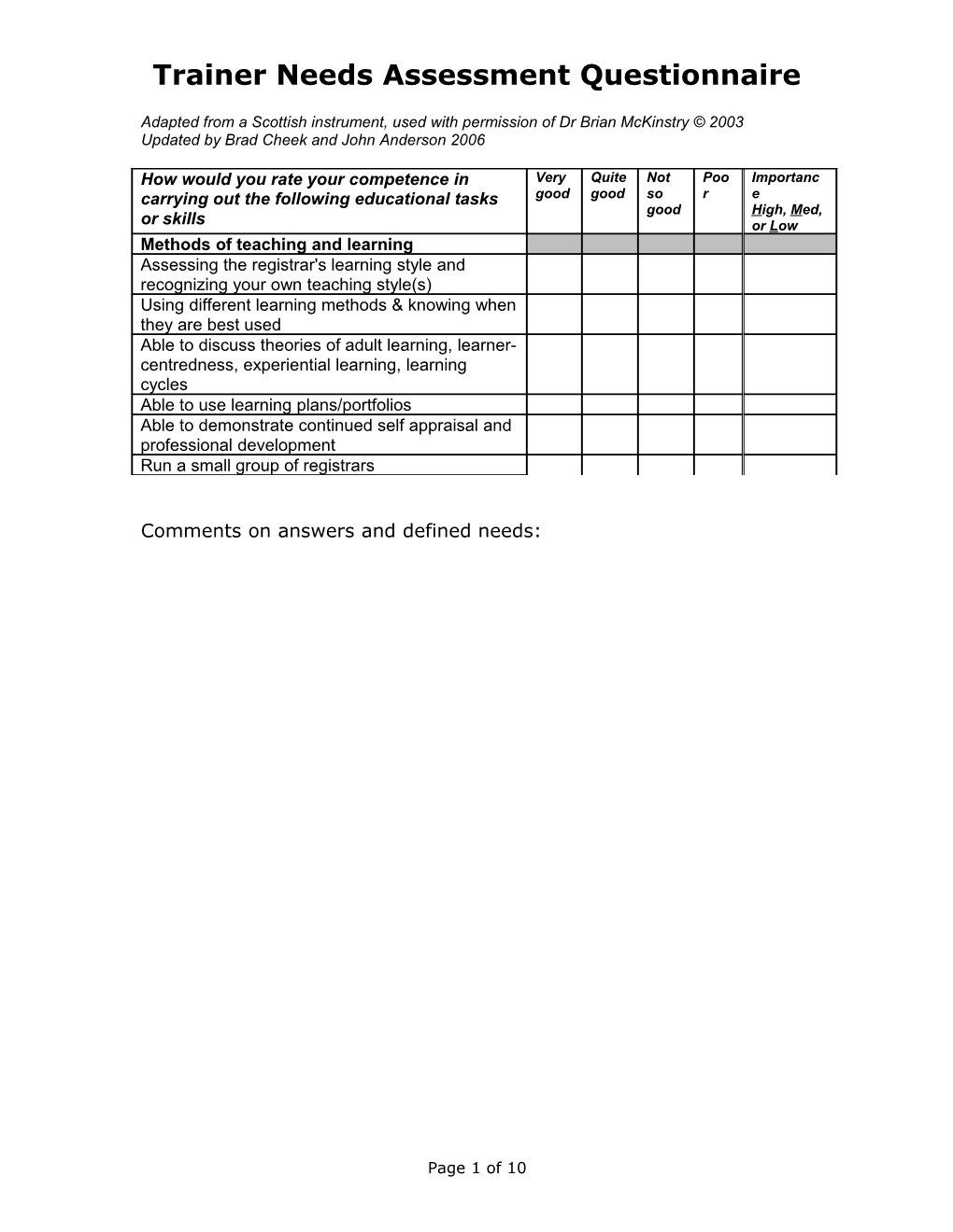 Trainer Needs Assessment Questionnaire