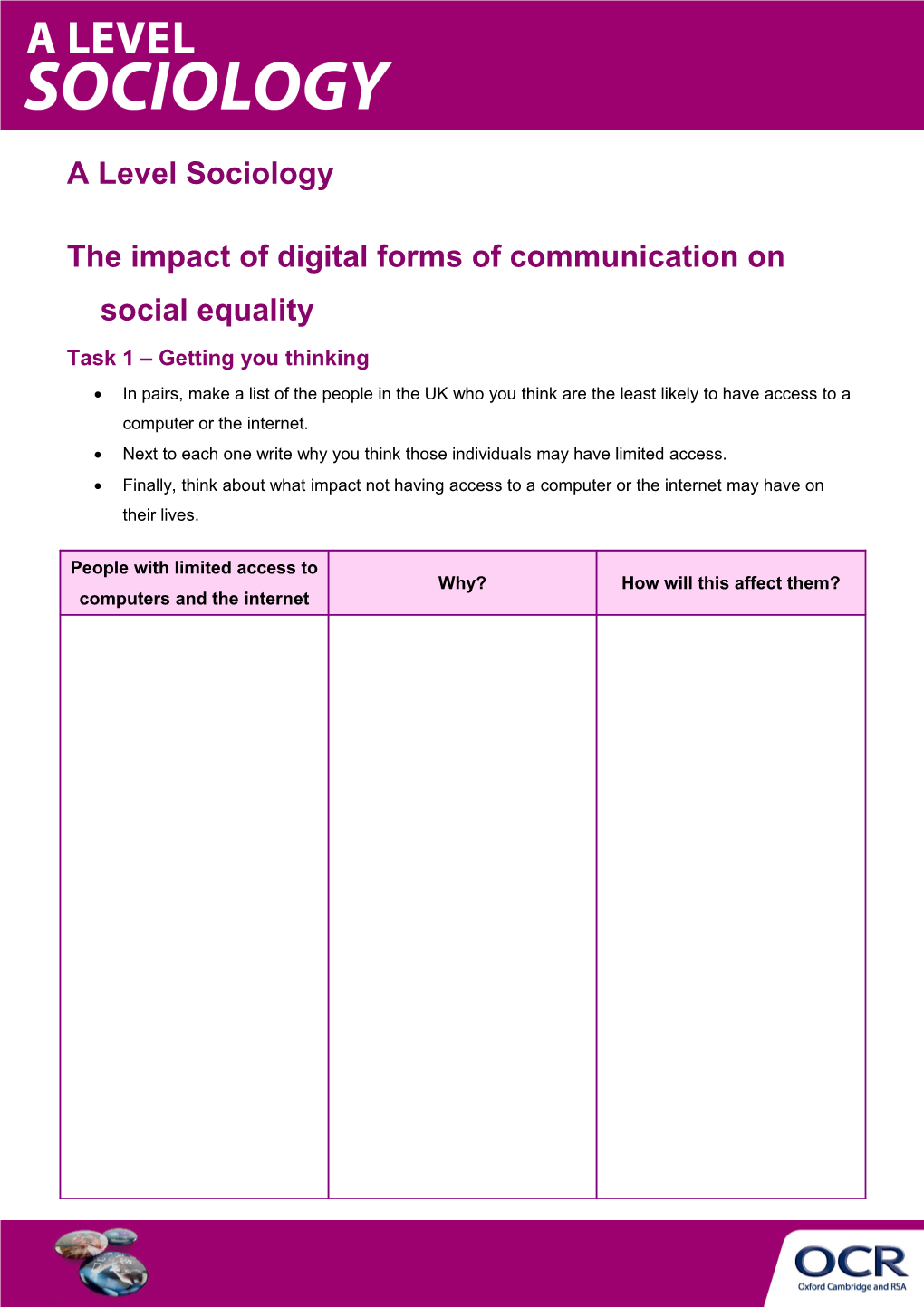 OCR a Level Sociology Lesson Element Learner Activity Sheet, the Impact of Digital Forms