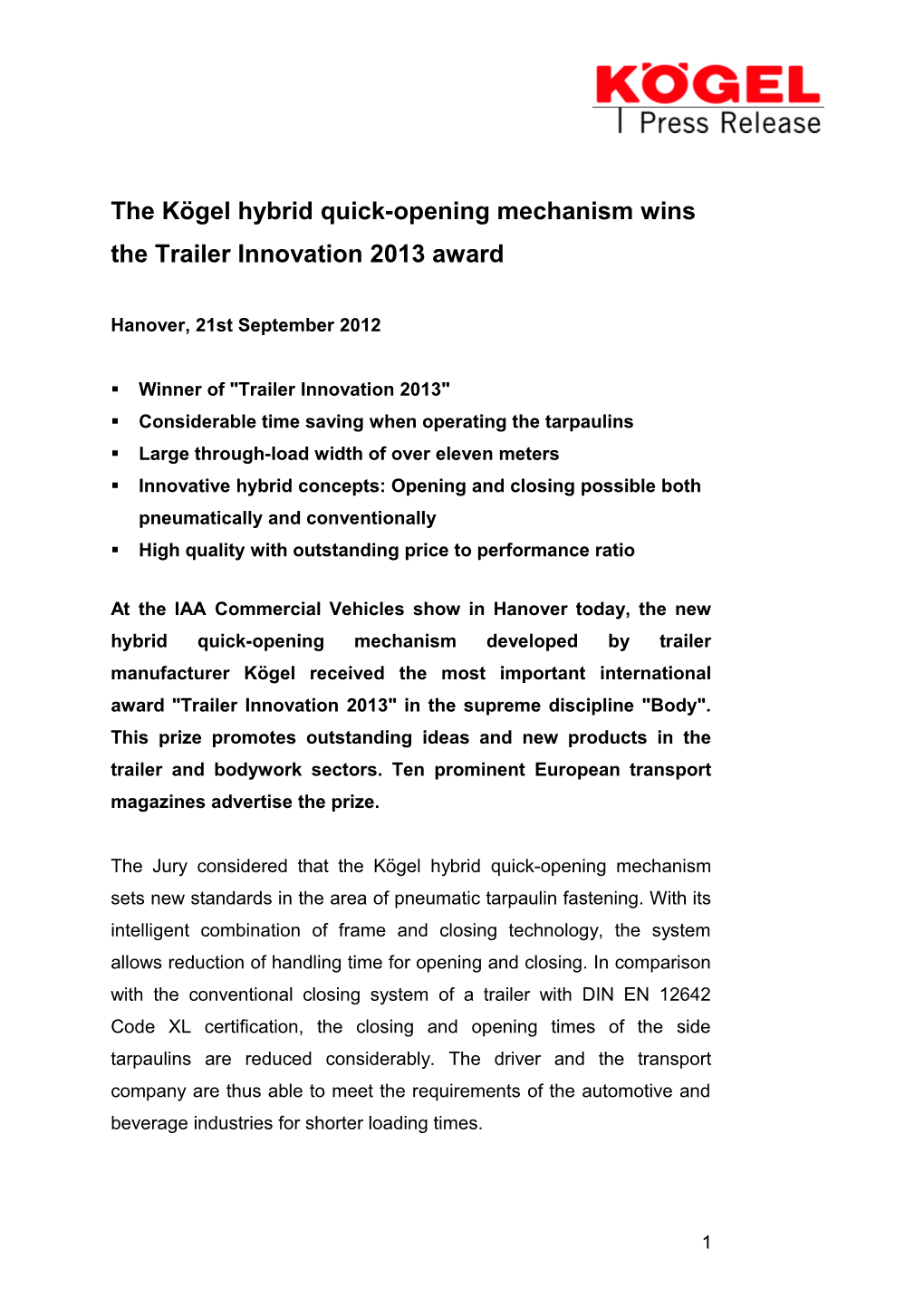 The Kögel Hybrid Quick-Opening Mechanism Wins the Trailer Innovation 2013 Award