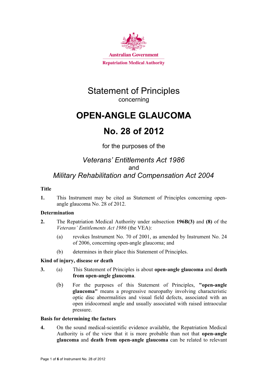 Statement of Principles 28 of 2012 Open-Angle Glaucoma Balance of Probabilities