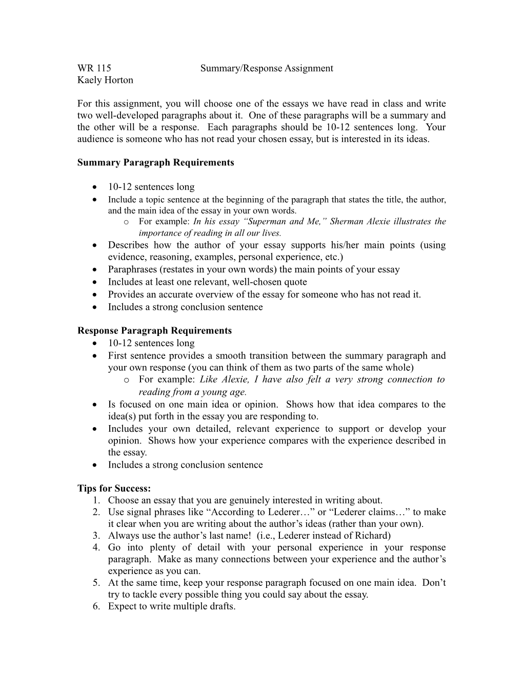 WR 115Summary/Response Assignment