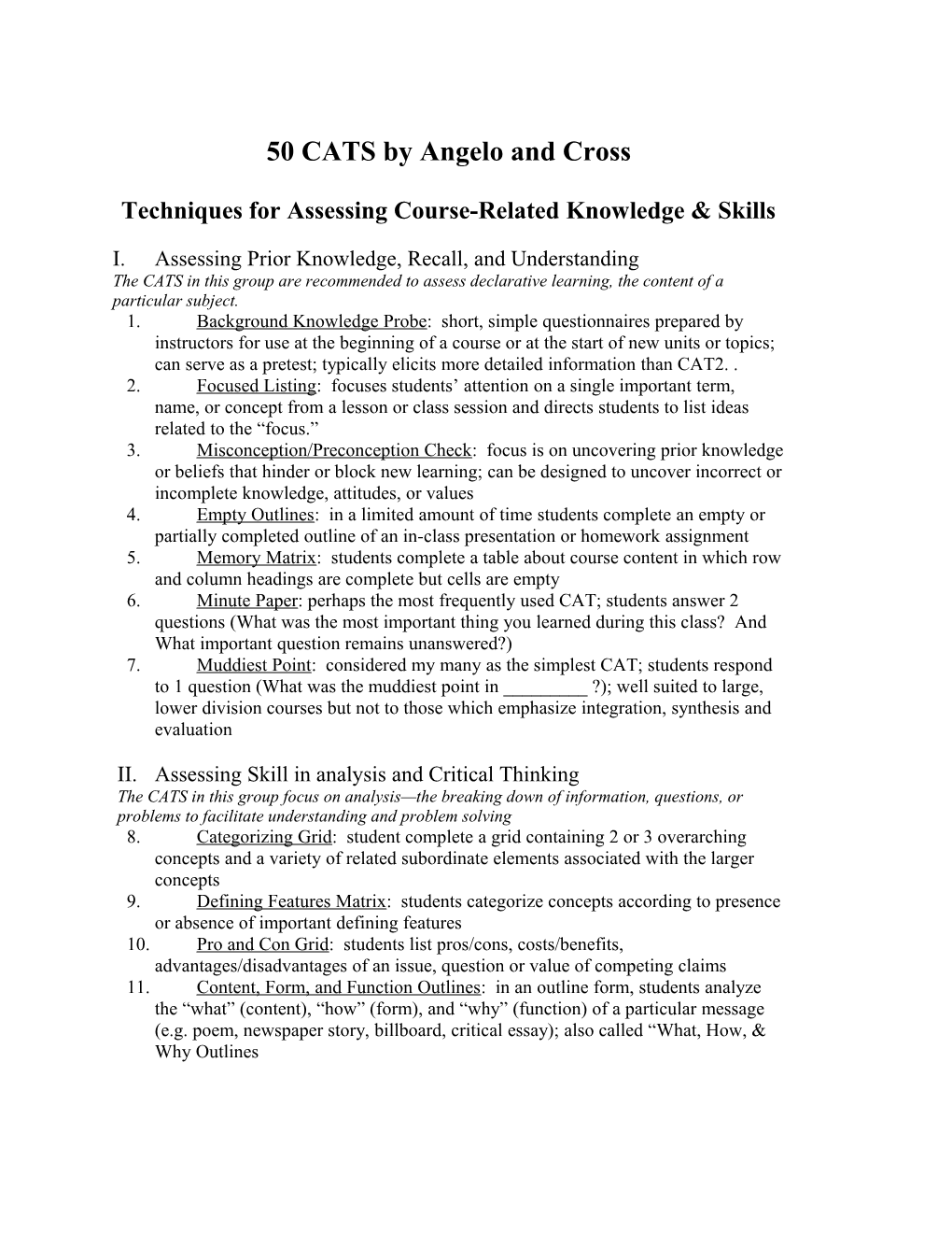 Techniques for Assessing Course-Related Knowledge Skills