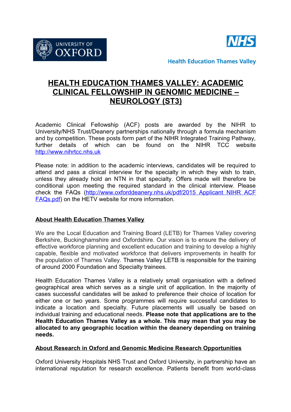 Health Education Thames Valley: Academic Clinical Fellowship in Genomic Medicine Neurology