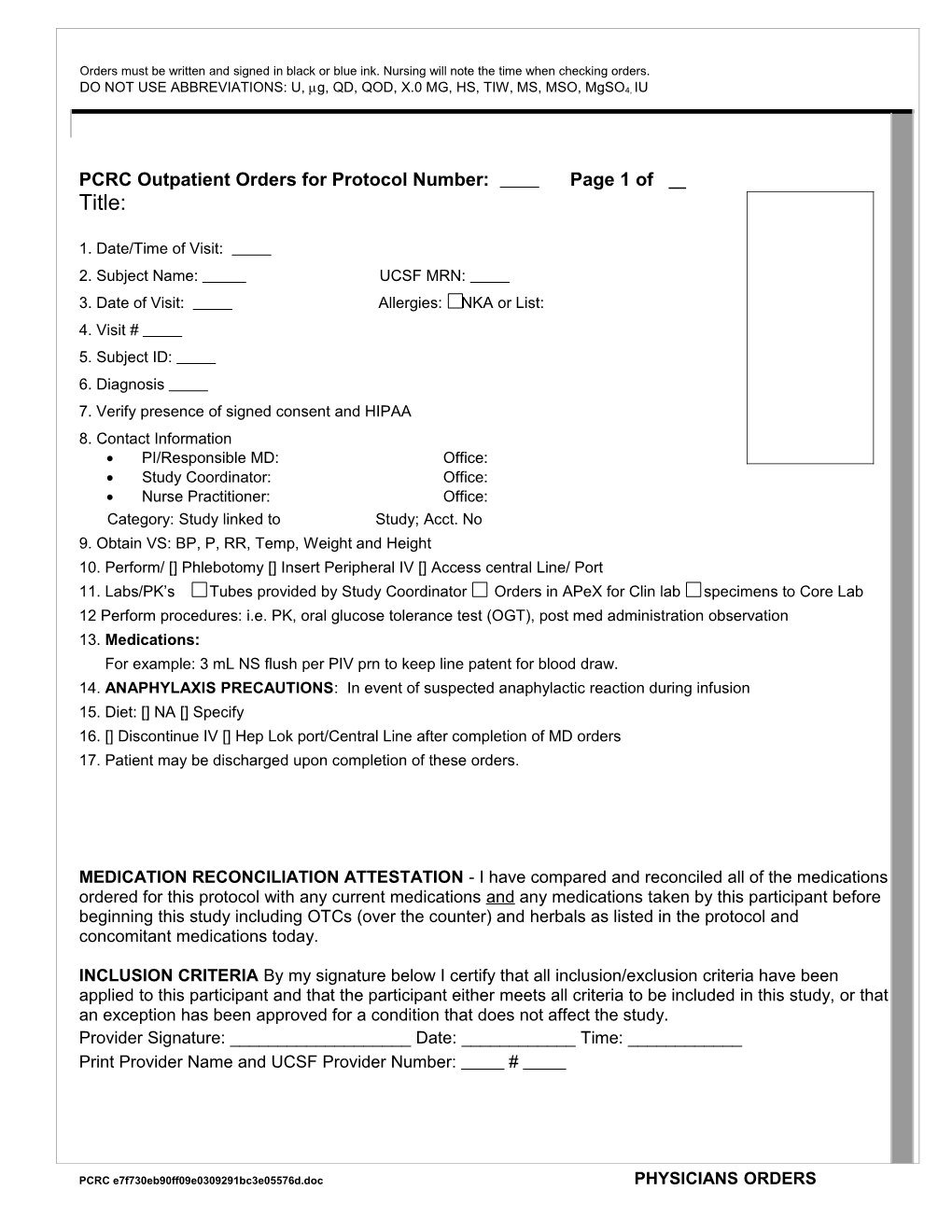 PCRC Outpatient Orders for Protocol Number: Page 1 of __