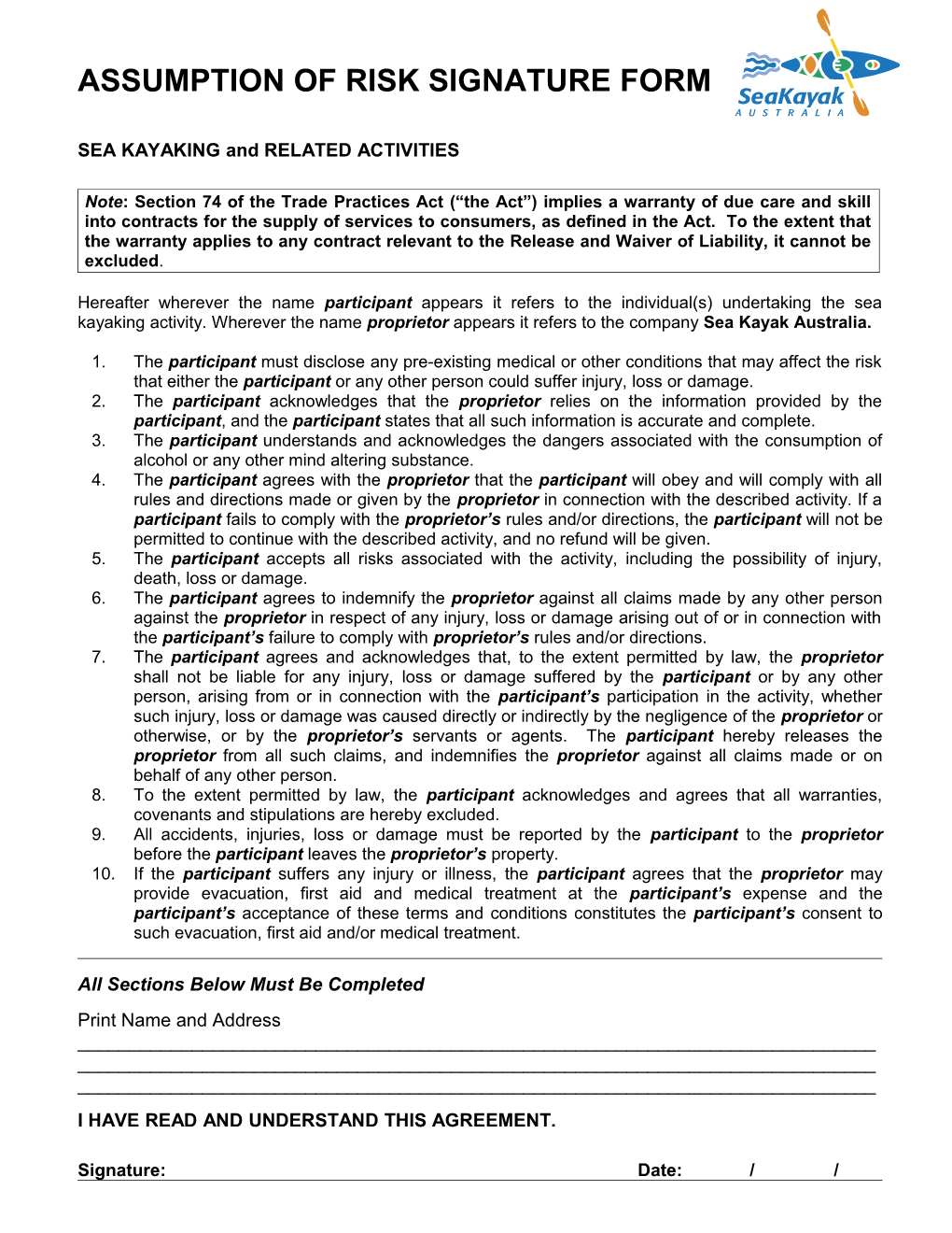 Assumption of Risk Signature Form