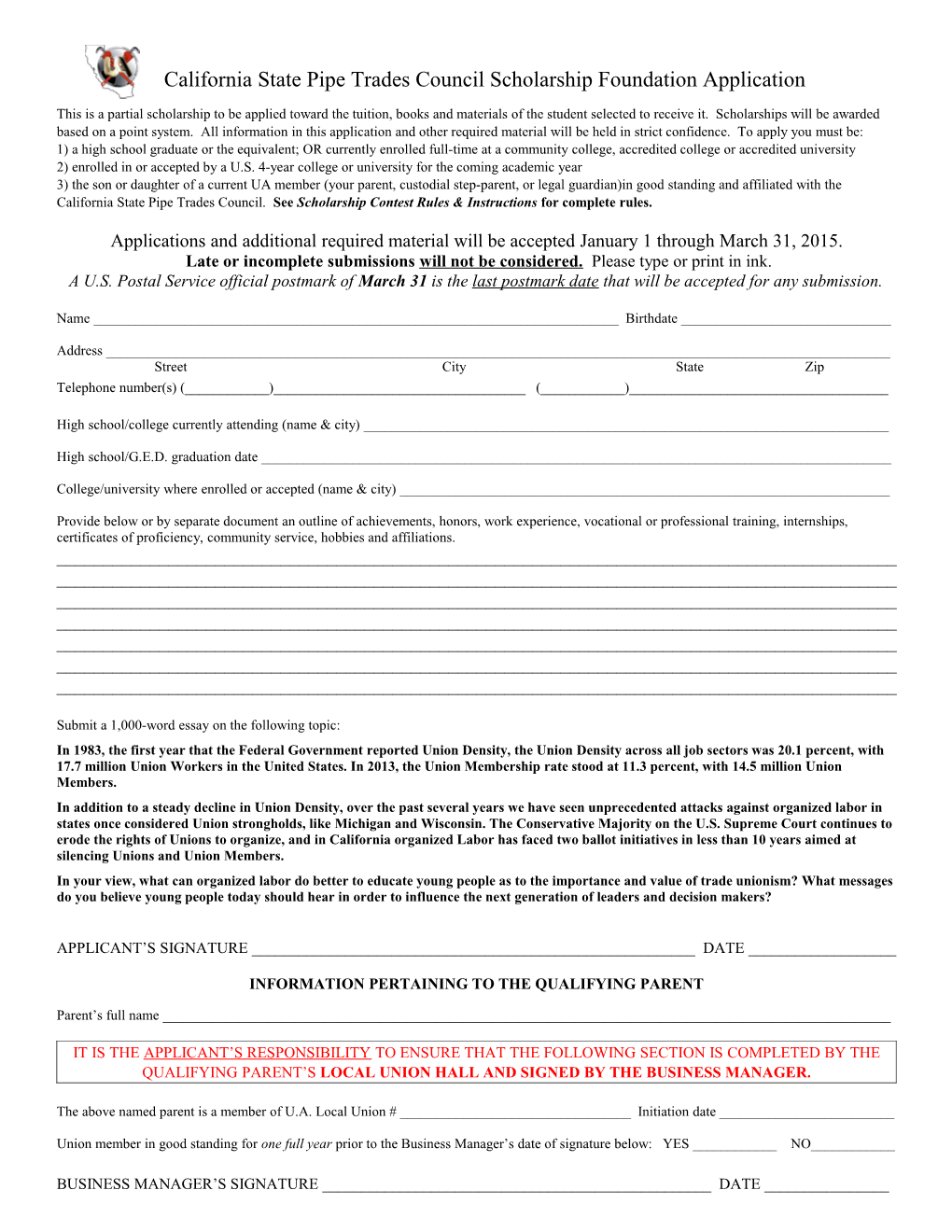 Californiastate Pipe Trades Council Scholarship Foundation Application