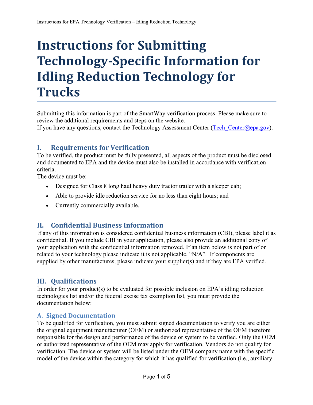Instructions for EPA Technology Verification Idling Reduction Technology