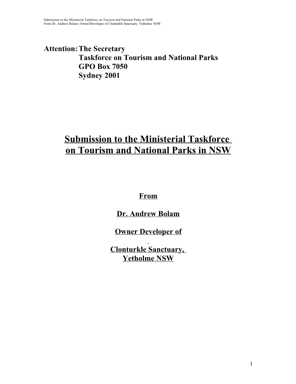 Submission to the Ministerial Taskforce on Tourism and National Parks in NSW