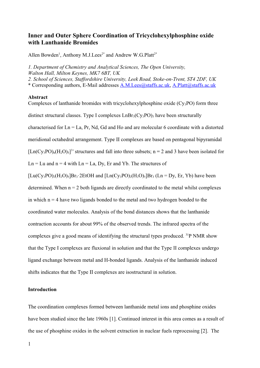 Complexes of Lanthanide Halides with Tricyclohexylphosphine Oxide