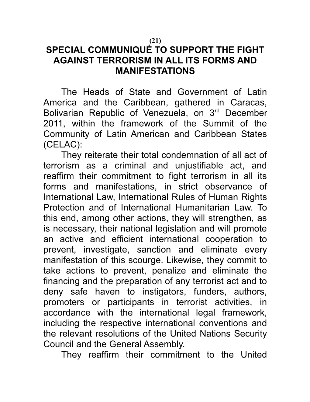 Special Communiqué to Support the Fight Against Terrorism in All Its Forms and Manifestations