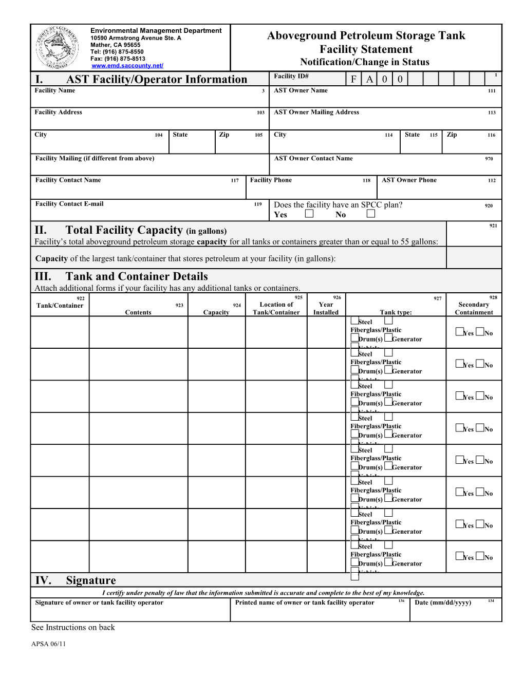 Aboveground Storage Tankfacility Statement Instruction Page