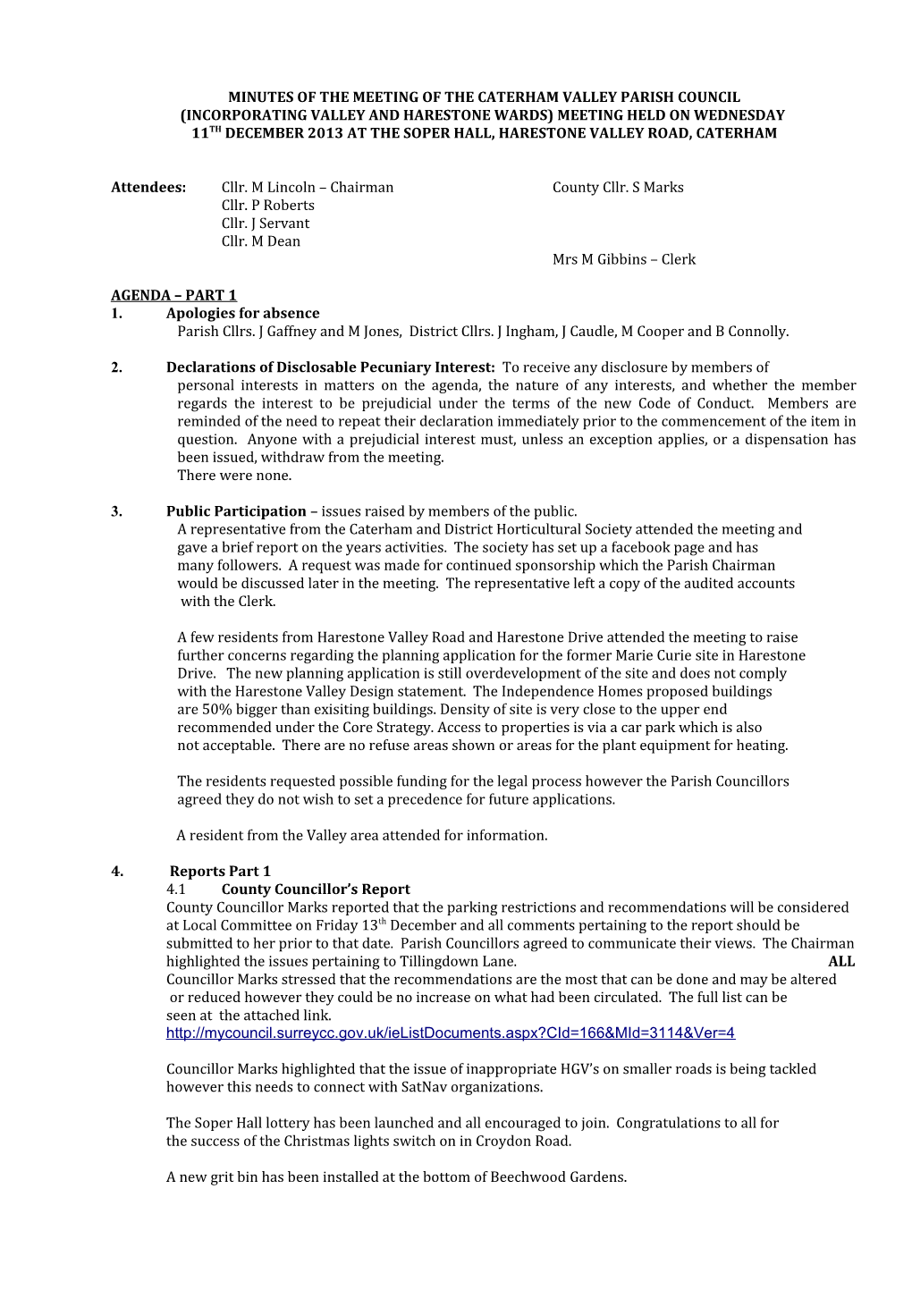 Minutes of the Meeting of the Caterham Valley Parish Council