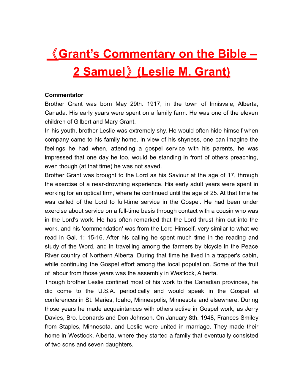 Grant Scommentaryon the Bible 2 Samuel (Leslie M. Grant)