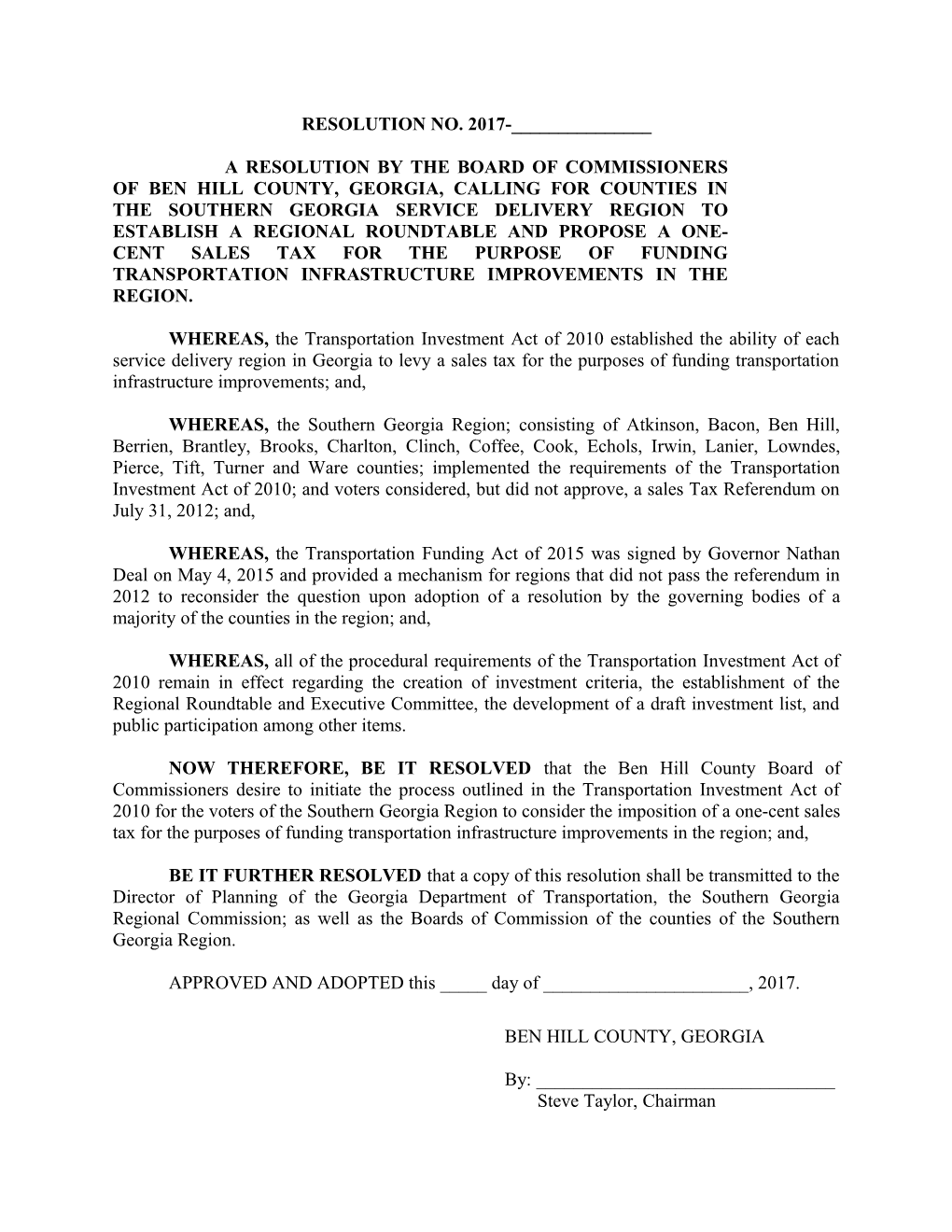 A Resolution by the Board of Commissioners of Ben Hill County, Georgia, Calling for Counties