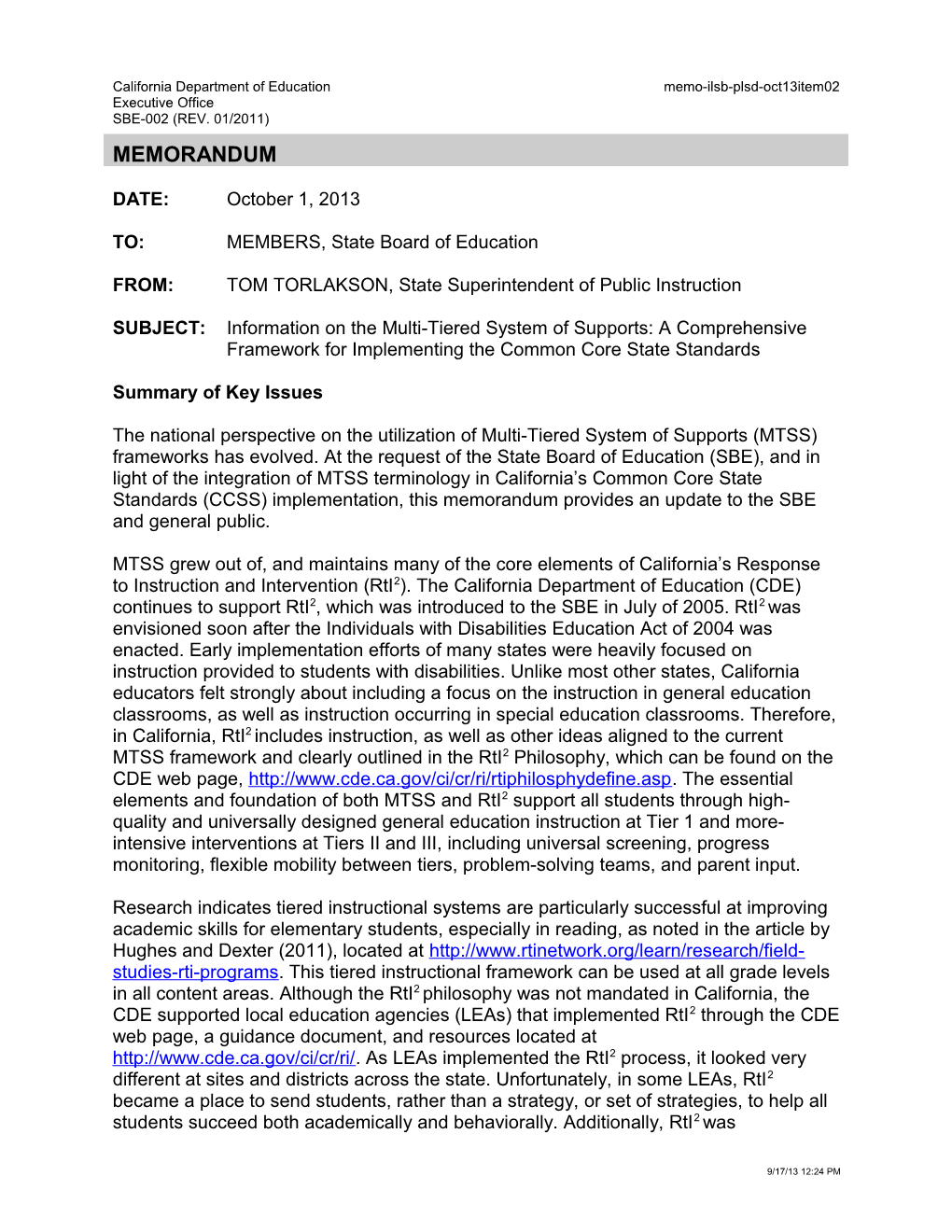 October 2013 Memorandum PLSD Item 02 - Information Memorandum (CA State Board of Education)