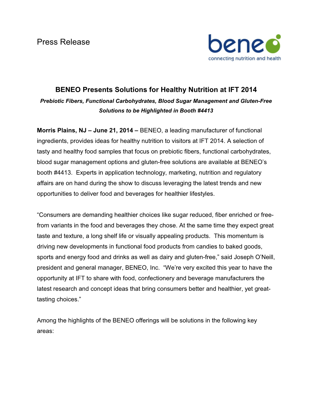 BENEO Presents Solutions for Healthy Nutritionat IFT 2014