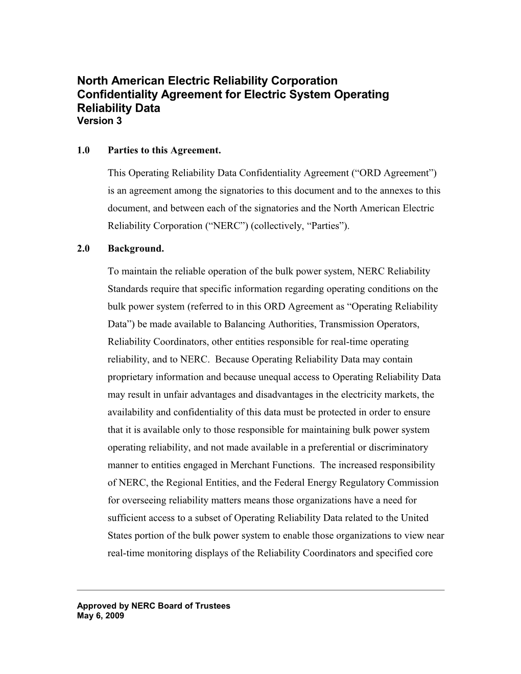 NERC Operating Reliability Data Confidentiality Agreement Version 3