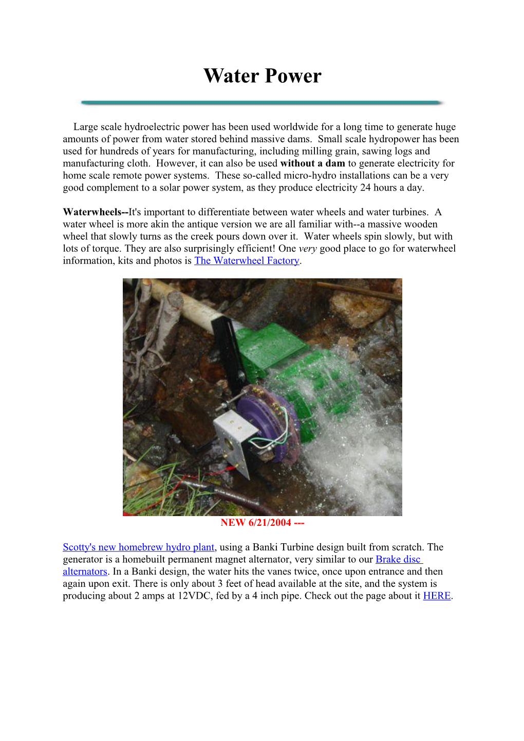 Some General Micro Hydro Power Information