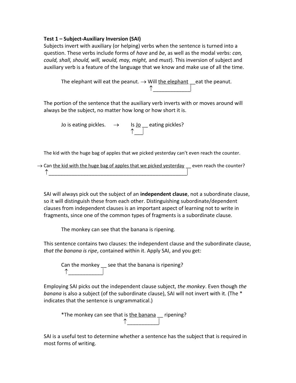 Test 1 Subject-Auxiliary Inversion (SAI)