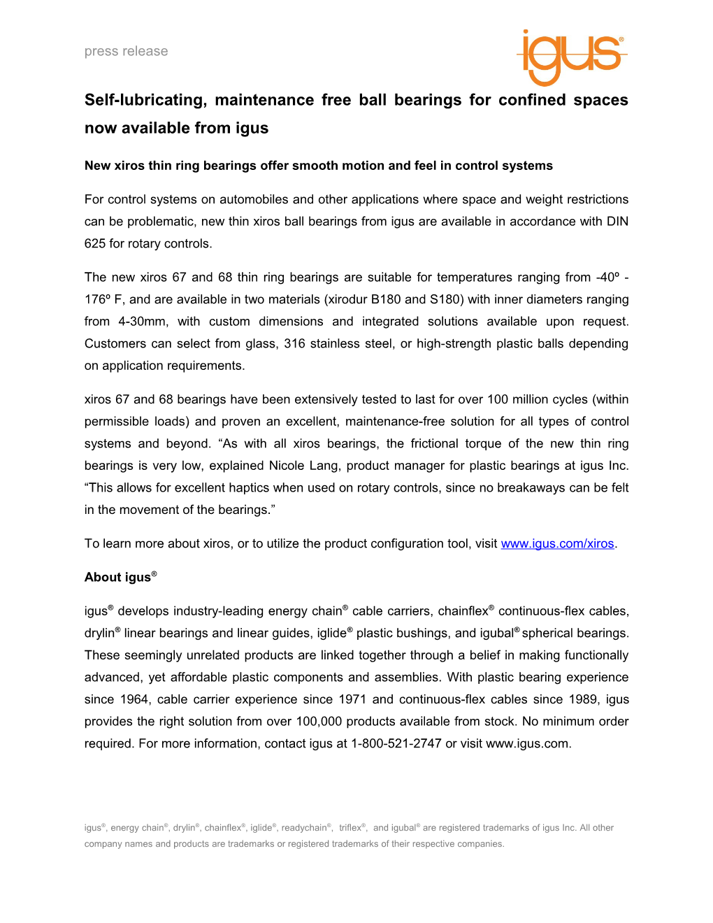 Self-Lubricating, Maintenance Free Ball Bearings for Confined Spaces Now Available from Igus