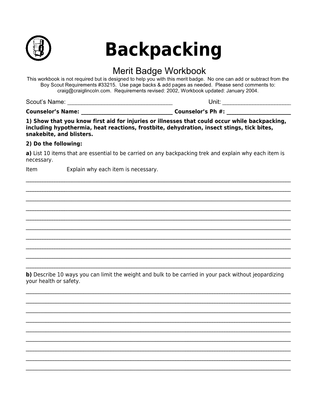 Backpacking P. 1 Merit Badge Workbookscout's Name: ______