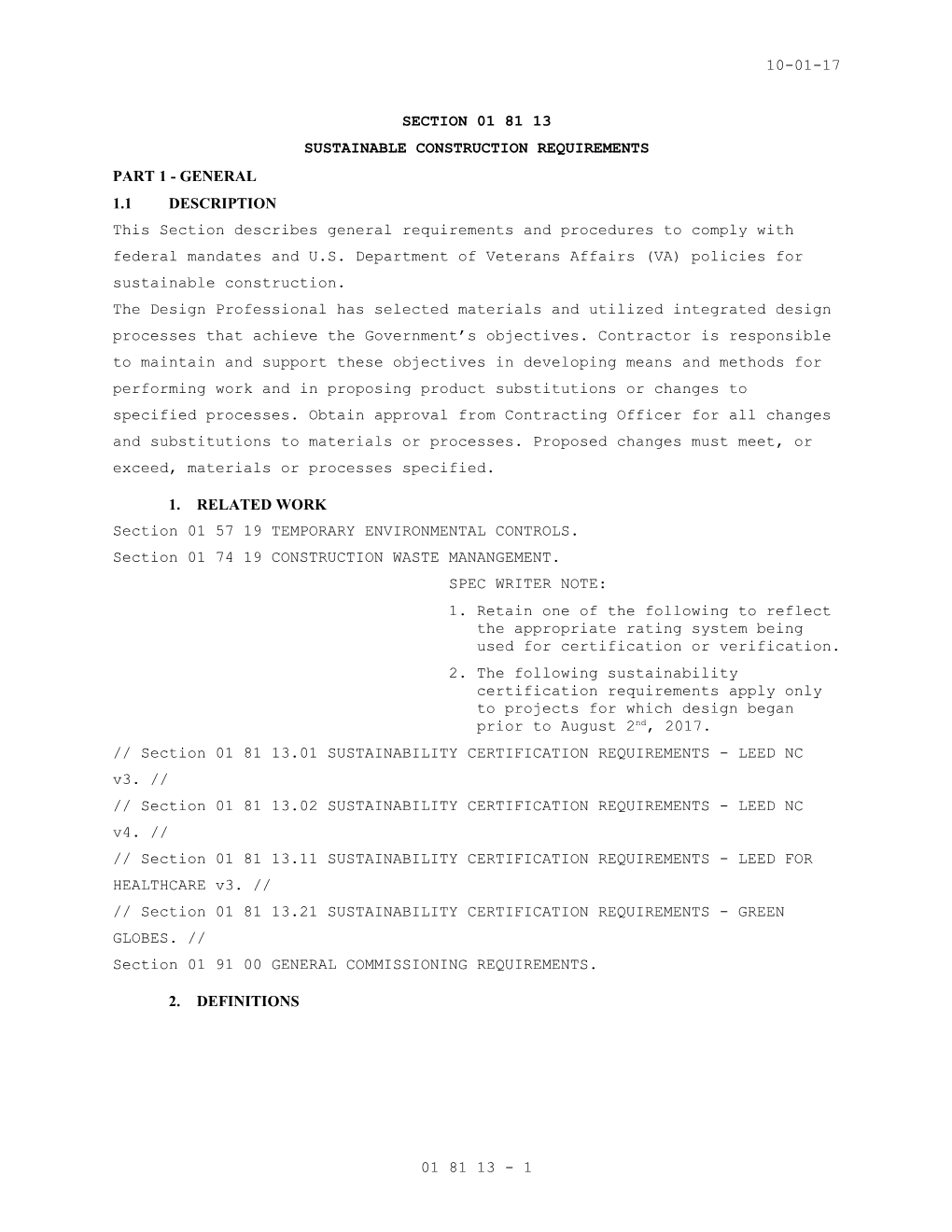 Section 01 81 13 - Sustainable Construction Requirements