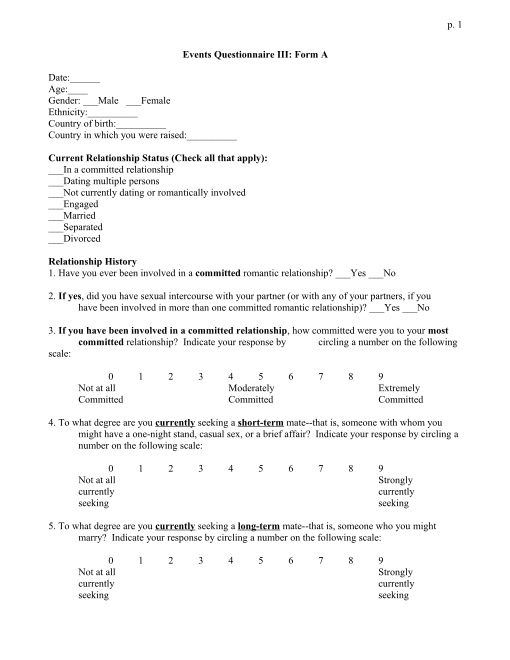 Events Questionnaire III: Form A