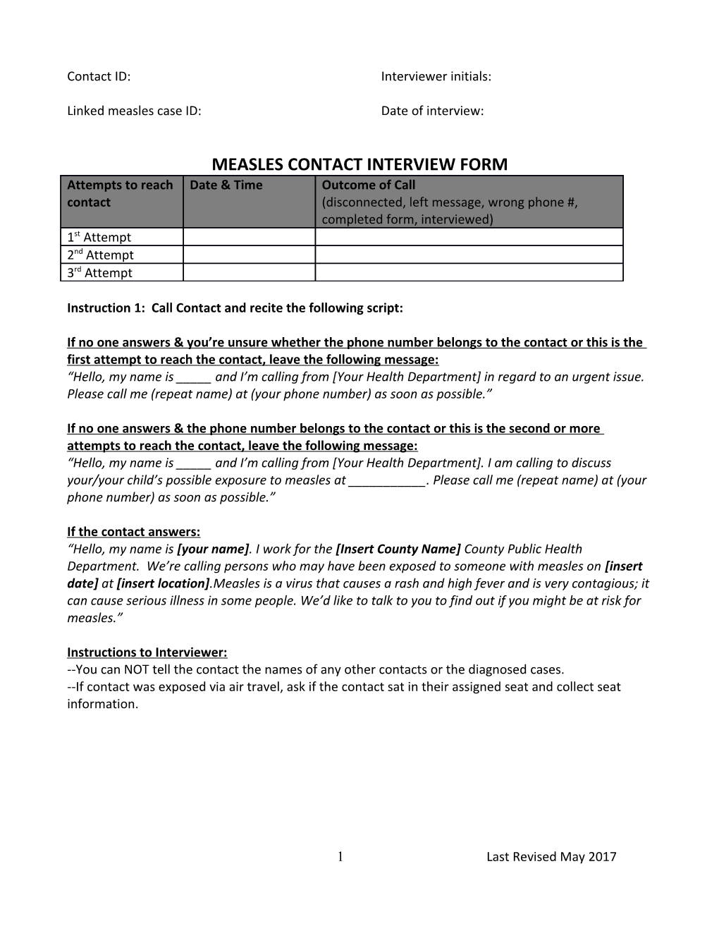 Measles Contact Interview Form