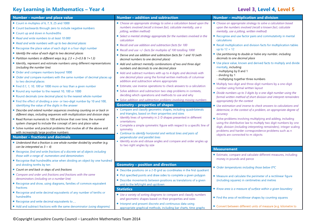Key Learning in Mathematics Year 4 Level 3, Level 4, Level 5